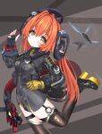  1girl 1other aged_down asymmetrical_gloves black_hat black_horns blush breasts commentary_request cowboy_shot curled_horns dragon_girl dragon_horns dress fingerless_gloves gloves green_eyes hair_between_eyes hat highres horns knife langley1000 leg_up long_hair looking_at_viewer magus_(zenless_zone_zero) mechanical_horns mechanical_tail mismatched_gloves orange_hair orange_pupils orphie_magnusson pointy_ears single_fingerless_glove tail thighhighs twintails weapon yellow_gloves zenless_zone_zero zipper_dress 