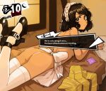  1girl apron ass back bed black_hair breasts commentary condom condom_wrapper english_commentary english_text feet_up high_heels kawakami_sadayo looking_at_viewer lying maid_day maid_headdress naked_apron on_bed on_stomach persona persona_5 sex_invite shirt short_hair sideboob solo the_pose thighhighs toastitos unworn_shirt video_game_dialogue_box waist_apron white_thighhighs window 