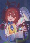  2girls agnes_tachyon_(tach-nology)_(umamusume) agnes_tachyon_(umamusume) ahoge animal_ears black_coat black_gloves black_hair blush brown_hair chemical_structure coat coffee_mug collared_shirt commentary cup earrings english_commentary gloves hair_between_eyes highres holding holding_cup holding_test_tube horse_ears horse_girl jewelry lab_coat long_hair long_hair_between_eyes long_sleeves manhattan_cafe_(creeping_shadow)_(umamusume) manhattan_cafe_(umamusume) mug multiple_girls necktie open_mouth pouring red_eyes shirt short_necktie single_earring sleeves_past_fingers sleeves_past_wrists smile snorezu sweater sweater_vest test_tube umamusume white_coat yellow_eyes yellow_necktie yellow_sweater yellow_sweater_vest 