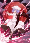  bat_wings blue_hair dress fangs full_moon hat hat_ribbon looking_back moon open_mouth red_eyes red_moon remilia_scarlet ribbon short_hair smile solo tandenho touhou wings 