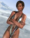  1girl 3d breasts brown_hair crossed_arms dark_skin dead_or_alive dead_or_alive_5 glacier highres large_breasts lisa_hamilton mountain official_art screencap sling_bikini solo swimsuit tecmo 