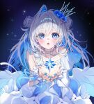  1girl amane_kanata angel angel_wings bare_shoulders blue_eyes blue_nails c10h14n2 collarbone colored_inner_hair commentary double_bun dress flower frills gem grey_hair hair_bun hair_flower hair_ornament highres hololive jewelry long_hair low_wings multicolored_hair necklace open_mouth pearl_necklace solo untranslatable_commentary virtual_youtuber wings 