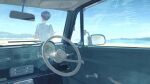  1boy absurdres beach black_hair blue_sky car_interior check_commentary commentary_request day facing_away from_inside gemi highres male_focus nissan nissan_pao original rear-view_mirror right-hand_drive scenery shirt short_hair side-view_mirror sky speedometer steering_wheel sunglasses t-shirt water 