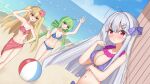 3girls absurdres azur_lane ball beach beachball bikini blastose1 blonde_hair blue_bikini blue_sky breasts cloud comet_(azur_lane) crescent_(azur_lane) cygnet_(azur_lane) cygnet_(sea_star_on_shore)_(azur_lane) flower flower_necklace green_hair hair_ornament highres long_hair multiple_girls ocean purple_bikini red_bikini red_eyes sand sky swimsuit twintails white_hair 
