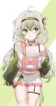  1girl absurdres ahoge animal_ears commentary ferret_ears ferret_girl ferret_tail food fruit gradient_hair green_eyes green_hair green_hairband green_tail green_thighhighs hair_between_eyes hairband headphones headphones_around_neck highres jewelry lime_(fruit) lime_slice limealicious looking_to_the_side mattyartt multicolored_hair necklace overall_shorts overalls pink_overalls solo sweater thighhighs twintails untranslatable_commentary vinesauce virtual_youtuber white_hair 