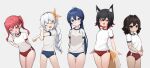  5girls absurdres ahoge animal_ears arms_behind_back ass_visible_through_thighs black_choker black_hair blue_buruma blue_eyes blue_hair blush braid buruma choker closed_eyes doll_joints ear_blush empty_eyes fang fox_ears fox_tail gician_l green_hair grey_background gym_shirt gym_uniform hairband heart heart-shaped_pupils highres joints leaning_forward long_hair looking_at_viewer multicolored_hair multiple_girls open_mouth original pointy_ears red_buruma red_eyes red_hair sharp_teeth shirt smile stretching sweat symbol-shaped_pupils tail teeth thigh_gap thighs twintails two-tone_hair white_hair white_shirt 