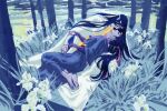  2boys barefoot black_hair black_hanfu chinese_clothes couple english_commentary flower forest glassbearer grandmaster_of_demonic_cultivation grass hair_ribbon hand_on_another's_neck hanfu headband holding_hands imminent_kiss lan_wangji long_hair long_sleeves looking_at_another lying lying_on_person male_focus multiple_boys nature on_back outdoors parted_lips ponytail profile red_ribbon ribbon robe sitting tree wei_wuxian white_flower white_hanfu white_headband wide_sleeves yaoi 