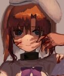  1girl beret blood blood_on_clothes blood_on_face blood_on_hand blue_eyes bow bowtie commentary_request dress grey_background hand_up hat highres higurashi_no_naku_koro_ni looking_at_viewer medium_hair mikosudx orange_hair parted_bangs purple_bow purple_bowtie ryuuguu_rena shaded_face simple_background solo white_dress white_hat 