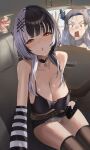 3girls absurdres arm_warmers black_camisole black_choker black_hair black_skirt black_thighhighs blunt_bangs blush breasts camisole car_interior choker cleavage commentary elizabeth_rose_bloodflame glasses grey_hair highres holding hololive hololive_english large_breasts long_hair looking_at_viewer miniskirt multicolored_hair multiple_girls nerissa_ravencroft nerissa_ravencroft_(casual) panties pantyshot pendant_choker reaching reaching_towards_viewer shiori_novella sitting skirt solo_focus split-color_hair striped_arm_warmers thighhighs underwear untranslatable_commentary very_long_hair virtual_youtuber white_panties yellow_eyes zargaz 