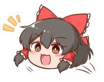  1girl :3 :d black_hair blush bow bright_pupils brown_eyes commentary_request hair_bow hair_tubes hakurei_reimu mizusoba open_mouth red_bow short_hair sidelocks simple_background smile solo touhou white_background white_pupils yukkuri_shiteitte_ne 