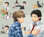  2boys anger_vein animal black_cat black_hair blue_shirt brown_hair cat commentary_request crossed_arms dress_shirt falling falling_object glasses grey_background hair_slicked_back hiraga_keisuke isa_(peien516) looking_at_another male_focus messy_hair multiple_boys multiple_views necktie odagiri_hidetoshi open_mouth orange_cat persona persona_3 plaid_clothes plaid_shirt rectangular_eyewear red_necktie semi-rimless_eyewear shirt short_hair short_sideburns sideburns simple_background slipping spoken_anger_vein white_shirt 