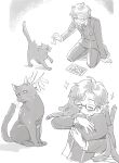  1boy animal animal_hug blush cat commentary_request full_body gekkoukan_high_school_uniform glasses greyscale hiraga_keisuke isa_(peien516) jacket kneeling male_focus monochrome multiple_views odagiri_hidetoshi persona persona_3 petting rectangular_eyewear school_uniform semi-rimless_eyewear short_hair sparkle under-rim_eyewear 