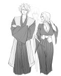  1girl 2boys absurdres bkg0303 bleach breasts cleavage collar commentary_request haori highres hitsugaya_toushirou hitsugaya_toushirou_(adult) ichimaru_gin japanese_clothes korean_commentary large_breasts looking_at_another matsumoto_rangiku mole mole_under_mouth monochrome multiple_boys official_alternate_hairstyle scarf shihakusho smile taichou_haori tall_male 