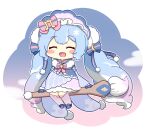  1girl :d ^_^ blue_bonnet blue_dress blue_gloves blue_hair blue_shoes blush_stickers bonnet bow bowtie chibi chibi_only closed_eyes cloud commentary_request double-parted_bangs dress full_body giant_brush gloves hair_bow hatsune_miku long_hair long_sleeves multicolored_hair nukotun open_mouth outline paintbrush pink_bow pink_bowtie pink_thighhighs riding shoes sitting smile solo streaked_hair striped_bow striped_bowtie striped_clothes thighhighs twintails very_long_hair vocaloid white_outline white_streaks yuki_miku yuki_miku_(2023) 