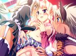  3girls agnes_ardbeg_augustus animal_ears blue_eyes breasts cat_ears clothed_sex disembodied_penis game_cg harem_party lick licking multiple_girls nia_schlichte penis sex uncensored uru_schlichte vaginal 