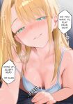  1boy 1girl absurdres aqua_eyes assertive_female blonde_hair blush breasts camisole colored_eyelashes commentary diptip downblouse english_commentary english_text hands_on_another's_crotch highres long_hair medium_breasts naughty_face original parted_lips pov pov_crotch seductive_smile smile solo_focus speech_bubble squeans sweat tilda_(diptip) white_camisole 