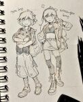  1boy 1girl alternate_costume antenna_hair aubrey_(faraway)_(omori) aubrey_(omori) bag basil_(faraway)_(omori) basil_(omori) boots cardigan closed_mouth collared_shirt commentary crop_top double-parted_bangs eggosfried english_text greyscale hair_between_eyes hairband highres holding holding_bag jewelry knee_boots lace-up_boots long_hair long_sleeves looking_at_viewer messenger_bag monochrome navel necklace omori open_cardigan open_clothes parted_lips shirt shoes short_hair short_sleeves shorts shoulder_bag sidelocks smile sneakers sweater_vest tote_bag traditional_media untranslatable_commentary 