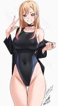  1girl absurdres amagami ass_visible_through_thighs black_one-piece_swimsuit blonde_hair breasts collarbone commentary_request competition_swimsuit cosplay covered_navel ear_piercing earrings highres jewelry kitagawa_marin large_breasts long_hair looking_at_viewer multicolored_hair nail_polish nanasaki_ai nanasaki_ai_(cosplay) one-piece_swimsuit piercing red_eyes ring sideboob simple_background smile sono_bisque_doll_wa_koi_wo_suru swimsuit thighs white_background yoo_tenchi 