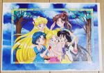  5girls aino_minako arm_around_neck bishoujo_senshi_sailor_moon black_eyes black_hair black_skirt blonde_hair blue_eyes blue_hair blue_jacket blue_ribbon blue_shirt blue_sky bow bracelet closed_mouth cloud coat commentary_request day double_bun earrings falling_leaves fukano_youichi green_eyes green_shirt hair_bobbles hair_bow hair_bun hair_ornament hand_on_another's_arm hand_on_another's_shoulder hand_up highres hino_rei jacket jewelry kino_makoto leaf leaning_forward long_hair looking_at_viewer mizuno_ami multiple_girls neck_ribbon official_art one_eye_closed open_mouth orange_coat outdoors pants photo_(medium) pink_shirt pink_skirt ponytail production_art ribbon salute scarf shirt short_sleeves skirt sky smile standing striped_clothes striped_shirt traditional_media transparent_background tree tsukino_usagi twintails v vertical-striped_clothes vertical-striped_shirt very_long_hair white_bow white_jacket yellow_pants yellow_scarf 