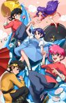  2boys 3girls :d amandaxvictoria bandana bisexual_female black_hair blue_dress blue_hair blue_pants braid brown_eyes bucket character_and_genderswap chinese_clothes commentary double_bun dress english_commentary fang fuurinkan_high_school_uniform grey_eyes grin hair_bun hibiki_ryouga highres holding_hands long_hair multiple_boys multiple_girls open_mouth p-chan_(ranma_1/2) pants piglet pink_hair pouring purple_hair ranma_1/2 red_dress saotome_ranma saotome_ranma_(female) saotome_ranma_(male) school_uniform shampoo_(ranma_1/2) short_hair single_braid smile tangzhuang teapot tendou_akane water yellow_bandana 