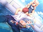  1boy 2girls blonde_hair blue_eyes blue_hair blush bottomless breasts cleo_cragganmore clothed_sex game_cg group_sex harem_party multiple_girls penis pool pussy sex sofisutia_gushigusu swimsuit uncensored vaginal water wet 