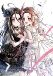  absurdres black_dress black_hair black_hat braid braided_bangs brown_eyes brown_hair child chinese_commentary commentary_request dress hat head_wings heads_together highres holding_hands kamisaki_hikaru linxiaoxuan84355 long_hair looking_at_viewer medalist_(manga) open_mouth short_hair smile white_dress wings yellow_eyes yuitsuka_inori 