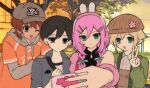  1girl 3boys :< animal_ear_headphones animal_ears aubrey_(birthday)_(omori) aubrey_(faraway)_(omori) aubrey_(omori) baseball_cap basil_(birthday)_(omori) basil_(faraway)_(omori) basil_(omori) black_eyes black_hair blonde_hair blue_bow blue_eyes blue_jacket blue_nails blush bow braid brown_hair brown_hat brown_overalls cardigan closed_mouth collared_jacket collared_shirt dark-skinned_male dark_skin double-parted_bangs fake_animal_ears green_cardigan grey_hat hair_between_eyes hair_bow hair_ornament hairclip hands_on_another's_shoulders hat headphones highres hood hood_down hoodie jacket kel_(birthday)_(omori) kel_(faraway)_(omori) kel_(omori) looking_at_another looking_at_viewer low_twin_braids mewo multiple_boys newsboy_cap official_alternate_costume official_alternate_hairstyle omori open_cardigan open_clothes open_mouth orange_hoodie overalls parallel_hairclips pink_hair pink_nails rabbit_ear_headphones rabbit_ears selfie shirt short-sleeved_jacket short_sleeves sidelocks smile sunny_(birthday)_(omori) sunny_(omori) true_erg twin_braids v white_shirt 