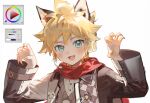  1boy :3 :d animal_ears art_program_in_frame black_jacket blonde_hair blue_eyes claw_pose color_picker color_wheel fang fingernails hands_up headset highres jacket kagamine_len light_blush long_sleeves looking_at_viewer makka_potato microphone multicolored_jacket open_mouth paw_print red_scarf scarf sharp_fingernails shirt short_hair simple_background smile solo sweater_vest upper_body vocaloid white_background white_jacket white_shirt window_(computing) yellow_nails 