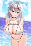  1girl :d absurdres arms_behind_back bikini black_hair blurry blurry_background breasts cleavage cloud collarbone commentary_request day ear_piercing earrings grey_hair hair_between_eyes hair_ornament hairclip highres hololive horizon jewelry large_breasts long_hair looking_at_viewer multicolored_hair nabeshiita_(atsuryoku_nabe) navel ocean open_mouth outdoors piercing red_eyes sakamata_chloe sidelocks sky smile solo squid_hair_ornament standing streaked_hair swimsuit two-tone_hair variant_set virtual_youtuber white_bikini x_hair_ornament 