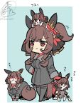  1girl :< animal animal_ears animal_on_head animalization black_coat black_thighhighs braid braided_hair_rings breasts brown_hair closed_eyes closed_mouth clothed_animal coat commentary_request ear_covers ear_ornament gentildonna_(regina_dei_fiori)_(umamusume) gentildonna_(umamusume) grey_pantyhose hair_between_eyes hair_ornament hair_rings heart-shaped_ornament heart_ear_ornament highres horse_ears horse_girl horse_tail long_hair mittens on_head pantyhose person_and_animalization ponytail recursive_animalization red_eyes red_mittens red_sweater smile sweater tail takatsuki_nato thighhighs umamusume winter_clothes winter_coat 