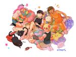  ! 1girl 3boys antenna_hair aubrey_(faraway)_(omori) aubrey_(omori) basil_(faraway)_(omori) basil_(omori) black_hair black_socks black_sweater_vest blonde_hair blue_eyes blue_hairband blue_skirt brown_hair brown_shorts cat character_charm charm_(object) closed_eyes collarbone collared_shirt commentary copyright_name denim denim_skirt double-parted_bangs eggosfried eyepatch flower forest_bunny_(omori) green_sweater_vest hair_between_eyes hair_flower hair_ornament hairband highres kel_(faraway)_(omori) kel_(omori) long_hair medical_eyepatch mewo multiple_boys omori orange_shorts pillow pink_hair shirt short_hair short_sleeves shorts sidelocks skirt socks something_(omori) speech_bubble spoilers spoken_exclamation_mark sprout_mole sunny_(omori) sweater_vest white_shirt white_socks 