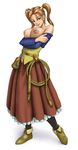  breast_lift breasts brown_eyes brown_hair dragon_quest dress irotsuya jessica_albert large_breasts looking_at_viewer nipples purple_shirt shirt smile solo twintails 