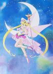  1girl ankleband arm_up bishoujo_senshi_sailor_moon bishoujo_senshi_sailor_moon_stars blonde_hair blue_eyes blue_sky brooch closed_mouth commentary_request concept_art crescent crescent_facial_mark crescent_moon curtained_hair double_bun earrings elbow_gloves eternal_sailor_moon facial_mark forehead_mark fukano_youichi full_body gloves hair_bun hair_ornament heart heart_earrings high-low_skirt high_heels highres holding holding_staff jewelry leg_up leotard long_hair magical_girl miniskirt moon overskirt pearl_choker pink_shoes pink_skirt pink_wings prototype_design sailor_moon see-through_clothes see-through_skirt shoes skirt sky smile solo staff star_(sky) star_brooch starry_sky strapless strapless_leotard tiara traditional_media transparent_wings tsukino_usagi twintails very_long_hair white_gloves white_leotard white_skirt wings 