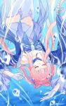  1girl air_bubble arm_up bare_shoulders blue_gem bow-shaped_hair bubble closed_eyes closed_mouth commentary_request detached_sleeves gem genshin_impact gloves hand_up highres long_hair long_sleeves oq_you pink_hair sangonomiya_kokomi smile solo thighhighs underwater upside-down very_long_hair vision_(genshin_impact) white_gloves white_thighhighs wide_sleeves 