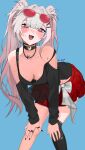  1girl absurdres artist_name aryze bare_shoulders bent_over black_choker black_leg_warmers black_nails black_shirt blush bow breasts breasts_apart choker collarbone eyewear_on_head fishnet_thighhighs fishnets hair_ornament hanging_breasts highres honkai:_star_rail honkai_(series) jewelry leg_warmers long_hair long_sleeves looking_at_viewer medium_breasts multicolored_hair necklace official_alternate_costume pink_eyes red_skirt red_streaks shirt single_leg_warmer single_thighhigh skirt sparkle_(honkai:_star_rail) sparxie_(candy-coated_waves)_(honkai:_star_rail) sparxie_(honkai:_star_rail) streaked_hair sunglasses sweat thighhighs twintails two_side_up white_hair 