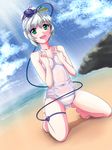  :d alternate_hairstyle beach gradient_hair green_eyes green_hair heart highres kneeling komeiji_koishi multicolored_hair ocean one-piece_swimsuit open_mouth opilio ribbon school_swimsuit short_hair silver_hair smile solo swimsuit third_eye touhou 