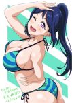  1girl bikini blue_bikini blue_hair breasts cleavage commentary_request dated green_bikini hand_on_own_hip happy_birthday himahima large_breasts leaning_back long_hair love_live! love_live!_sunshine!! matsuura_kanan one_eye_closed open_mouth ponytail purple_eyes side-tie_bikini_bottom smile solo striped_bikini striped_clothes swimsuit 