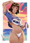  1girl absurdres alternate_costume arm_up bikini bikini_top_peek bikini_top_under_shirt bikini_under_clothes breasts brown_hair can commentary cosplay cover_bikini_girl_(gta_vi) cover_bikini_girl_(gta_vi)_(cosplay) cowboy_shot drink_can earrings english_commentary eyewear_lift eyewear_on_head grand_theft_auto grand_theft_auto_vi highleg highleg_bikini highres jewelry navel niijima_makoto o-ring_bikini_bottom parody parted_lips persona persona_5 pose_imitation red_draws5 red_eyes red_lips shirt short_hair short_sleeves side-tie_bikini_bottom smile solo stomach sunglasses swimsuit thick_thighs thighs white_bikini 
