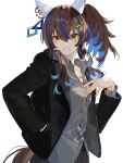  1girl absurdres alternate_costume animal_ears black_jacket blue_hair breasts brown_hair daitaku_helios_(umamusume) ear_covers facial_tattoo fang grey_shirt hair_between_eyes hair_ornament hairclip highres horse_ears horse_girl horse_tail jacket jewelry long_hair looking_at_viewer multicolored_hair necklace open_clothes open_jacket open_mouth shirt side_ponytail simple_background small_breasts solo star_(symbol) star_hair_ornament streaked_hair tail tattoo umamusume white_background yellow_eyes yoojp 
