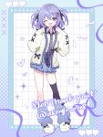  1girl :d ;d absurdres akrngo_0708 black_bow black_necktie black_thighhighs blue_bow blue_leg_warmers blue_skirt blue_trim blush bow cardigan collared_shirt commentary commission fingers_to_cheeks full_body hair_ornament hairclip highres leg_warmers medium_hair miniskirt necktie one_eye_closed open_mouth original pleated_skirt purple_eyes purple_hair ribbed_leg_warmers shirt shoes single_thighhigh skeb_commission skirt smile solo teeth thank_you thighhighs twitter_username two_side_up unmoving_pattern upper_teeth_only white_cardigan white_shirt white_shoes wing_collar x_hair_ornament 