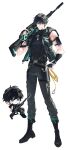  1boy absurdres armband black_hair black_pants black_shirt boots chibi chibi_inset combat_boots commentary cyberpunk dog_tags fingerless_gloves full_body futuristic_weapon gloves green_eyes gun highres holding holding_gun holding_weapon kiru_d_raw male_focus muscular narrow_waist original pants rifle shirt standing tachi-e weapon white_background 