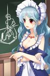  aqua_hair bat blush breasts chalkboard cleavage collarbone crescent_nazo crossed_arms fang frills long_hair lowres medium_breasts open_mouth pointing red_eyes solo ssol sweatdrop sword_girls tattoo very_long_hair wavy_hair 