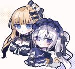  2girls arm_tattoo black_choker black_dress black_ribbon blonde_hair blue_eyes blue_hairband bow braid breasts choker cleavage closed_mouth commentary_request cross cross_earrings dress dress_bow earrings fishnet_sleeves fishnets frilled_choker frilled_dress frilled_hairband frilled_sleeves frills gothic_lolita hair_bow hair_over_one_eye hair_ribbon hairband highres holding holding_sketchbook holding_stuffed_toy jewelry lolita_fashion lolita_hairband long_hair long_sleeves looking_at_viewer mahou_shoujo_no_majo_saiban mole mole_under_eye multiple_girls natsume_an-an polka_dot polka_dot_bow purple_eyes ribbon saeki_miria simple_background sketchbook sleeve_bow sleeves_past_fingers sleeves_past_wrists stuffed_animal stuffed_sheep stuffed_toy sumike_so tattoo white_background white_hair wide_sleeves 