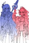  115date 2girls ahoge breasts closed_mouth commentary_request dress earrings flower gloves hair_between_eyes hair_ornament height_difference highres himeko_(honkai:_star_rail) himeko_(nova)_(honkai:_star_rail) holding holding_polearm holding_weapon honkai:_star_rail honkai_(series) honkai_impact_3rd jewelry kiana_kaslana kiana_kaslana_(herrscher_of_flamescion) layered_clothes long_hair multiple_girls partially_colored polearm single_earring standing thighhighs v-shaped_eyebrows very_long_hair weapon white_background 