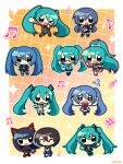  >_o 6+girls :d absurdres adjusting_eyewear animal_ears aqua_eyes aqua_hair aqua_outline arm_up beamed_eighth_notes beamed_sixteenth_notes black_cardigan black_eyes black_hair black_sailor_collar black_serafuku black_socks blazer blue_hair blue_neckerchief blue_necktie blue_outline blue_pantyhose blue_shirt blue_sweater blush_stickers border bow bowtie brown_eyes brown_jacket brown_outline brown_shoes cardigan cat_ears chibi chibi_only closed_eyes closed_mouth coat commentary diagonal-striped_clothes diagonal-striped_necktie dou_iu_koto_nano!?_(vocaloid) eighth_note electric_guitar elreah0 english_commentary envy_cat_walk_(vocaloid) flying_sweatdrops food-themed_hair_ornament full_body glasses gradient_background green_necktie green_skirt grey_skirt grid_background guitar hair_between_eyes hair_bow hair_ornament hair_tie half_note half_updo hand_up hands_in_pockets hands_on_headphones hatsune_miku hatsune_miku_(chat_noir) hatsune_miku_(deep_sky) hatsune_miku_(lab_girl) hatsune_miku_(ribbon_girl) hatsune_miku_(rolling_girl) hatsune_miku_(school_module) hatsune_miku_(silent_voice) headphones headphones_around_neck highres holding holding_microphone instrument jacket jitome kneehighs lab_coat layered_sleeves long_hair long_sleeves looking_at_viewer low_twintails microphone monochro_blue_sky_(vocaloid) multiple_girls multiple_persona musical_note narisumashi_genga_(vocaloid) neckerchief necktie one_eye_closed open_clothes open_coat open_jacket open_mouth orange_background outline outside_border panicking pantyhose pink_bow pink_cardigan pink_shoes playing_instrument pleated_skirt purple_skirt red-framed_eyewear red_bow red_bowtie red_eyes red_neckerchief red_necktie red_outline rolling_girl_(vocaloid) sailor_collar school_uniform semi-rimless_eyewear serafuku shirt shoes short_over_long_sleeves short_sleeves singing single_paw_glove skirt smile sneakers socks sparkle spring_onion_hair_ornament standing standing_on_one_leg strangers_(vocaloid) striped_clothes striped_necktie sweater thighhighs trait_connection treble_clef twintails v-shaped_eyes very_long_hair vocaloid walking wavy_mouth white_border white_coat white_jacket white_shirt white_shoes white_skirt white_socks white_thighhighs yellow_background yellow_eyes yubikiri_(vocaloid) 