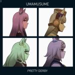 4girls absurdres album_cover_redraw animal_ears artist_name biwa_hayahide_(pf._winning_equation...)_(umamusume) biwa_hayahide_(umamusume) brown_hat closed_mouth commentary demon_days_(gorillaz) derivative_work ear_covers ear_ornament from_side frown gold_ship_(red_strife)_(umamusume) gold_ship_(umamusume) gorillaz hair_ornament hat highres horse_ears horse_girl long_hair looking_at_viewer mejiro_mcqueen_(frontline_elegance)_(umamusume) mejiro_mcqueen_(umamusume) multiple_girls ngmq oguri_cap_(starlight_beat)_(umamusume) oguri_cap_(umamusume) semi-rimless_eyewear sideways_glance smile umamusume under-rim_eyewear 