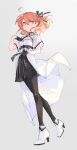  1girl ahoge black_gloves black_pantyhose black_ribbon breasts cleavage_cutout clothing_cutout commentary_request detached_ahoge dress fate/grand_order fate_(series) fujimaru_ritsuka_(female) fujimaru_ritsuka_(female)_(fgo_fes._2025) full_body gloves grey_background hair_ornament hair_ribbon hand_on_own_chest high_heels highres medium_hair mian_lu orange_hair pantyhose ribbon shoes short_sleeves simple_background small_breasts solo star_(symbol) star_hair_ornament walking white_dress white_shoes yellow_eyes 