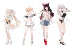  4girls ahoge asymmetrical_horns black_hair black_one-piece_swimsuit blonde_hair breasts broken_horn brown_eyes brown_hair character_request copyright_request full_body gradient_hair green_sailor_collar grey_eyes grey_hair hair_between_eyes hair_ornament horns jewelry long_hair medium_hair modare multicolored_hair multiple_girls neckerchief necklace one-piece_swimsuit one_eye_closed open_mouth pleated_skirt red_eyes red_hair sailor_collar sandals simple_background skirt skull_hair_ornament standing swimsuit thigh_strap two-tone_hair white_background white_skirt yellow_neckerchief 