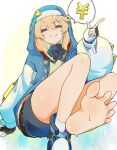  1boy androgyne_symbol arm_support bike_shorts black_shorts blonde_hair blue_eyes blue_hoodie blue_shoes bridget_(guilty_gear) commentary drawstring feet fingerless_gloves foot_focus foreshortening gloves grin guilty_gear guilty_gear_strive half-closed_eyes hand_up highres hood hood_up hoodie long_sleeves male_focus naughty_face presenting_own_foot puffy_sleeves shoes shorts single_bare_foot sitting smile socks soles solo speech_bubble spoken_money sweat thighs toes trap udapoop white_socks yen_sign 