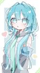  1girl bare_shoulders blue_eyes blue_hair blush commentary_request detached_sleeves green_necktie grey_shirt grey_sleeves hair_between_eyes hair_intakes hatsune_miku heart long_hair low_twintails mynkaoi necktie open_mouth outline shirt shoulder_tattoo sleeveless sleeveless_shirt solo tattoo tie_clip twintails upper_body vocaloid white_outline 